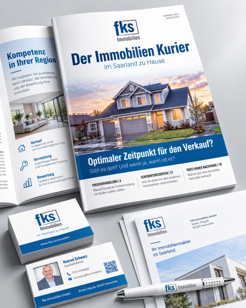 Corporate Design für FKS Immobilien mit Broschüre, Visitenkarten und Geschäftsausstattung
