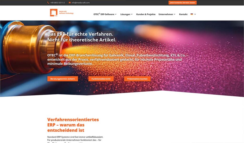 Startseite der Media Soft Software Technology GmbH mit OTEC ERP-Lösung