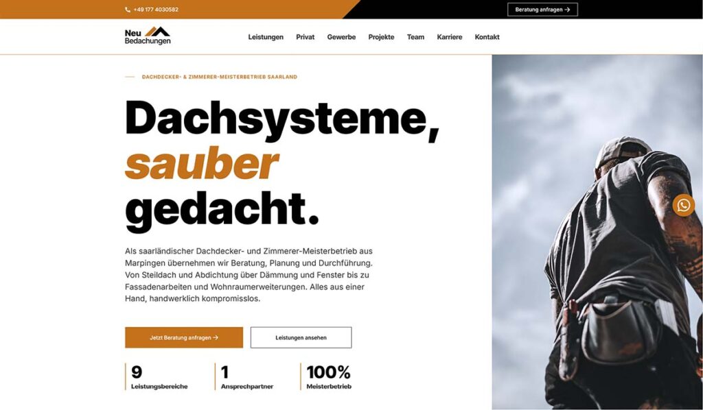 Startseite der Neu Bedachungen GmbH als WordPress Website